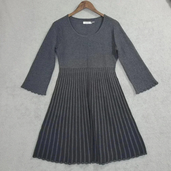 Calvin Klein Fit & Flare Gray Knit Mini Sweater Dress M  Striped    4PT - Picture 1 of 7